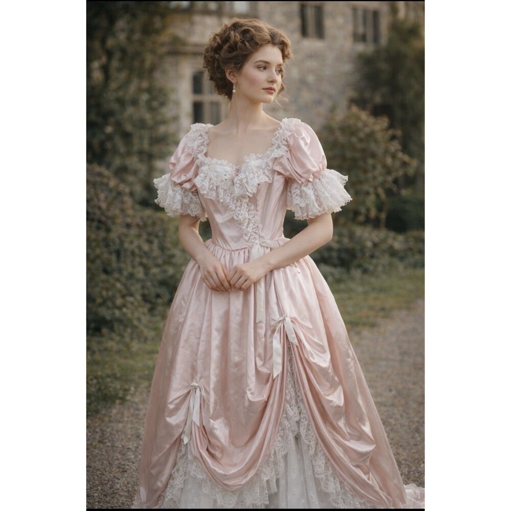 Vintage Loralie Pink Southern Belle Dress Lace Bo Peep Prom Gown Satin Lace 12